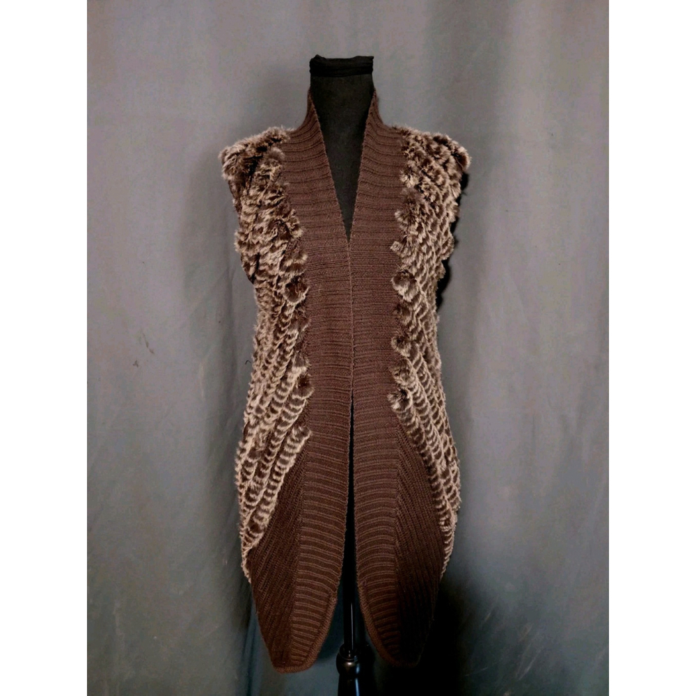 Love Token 100% Genuine Natural Rabbit Fur Trim Brown Wool Vest Shawl Womans XS